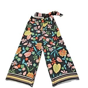 7th Ave Design Studio Capri Wide Leg Pants Size M Hawaiian Floral Print Black